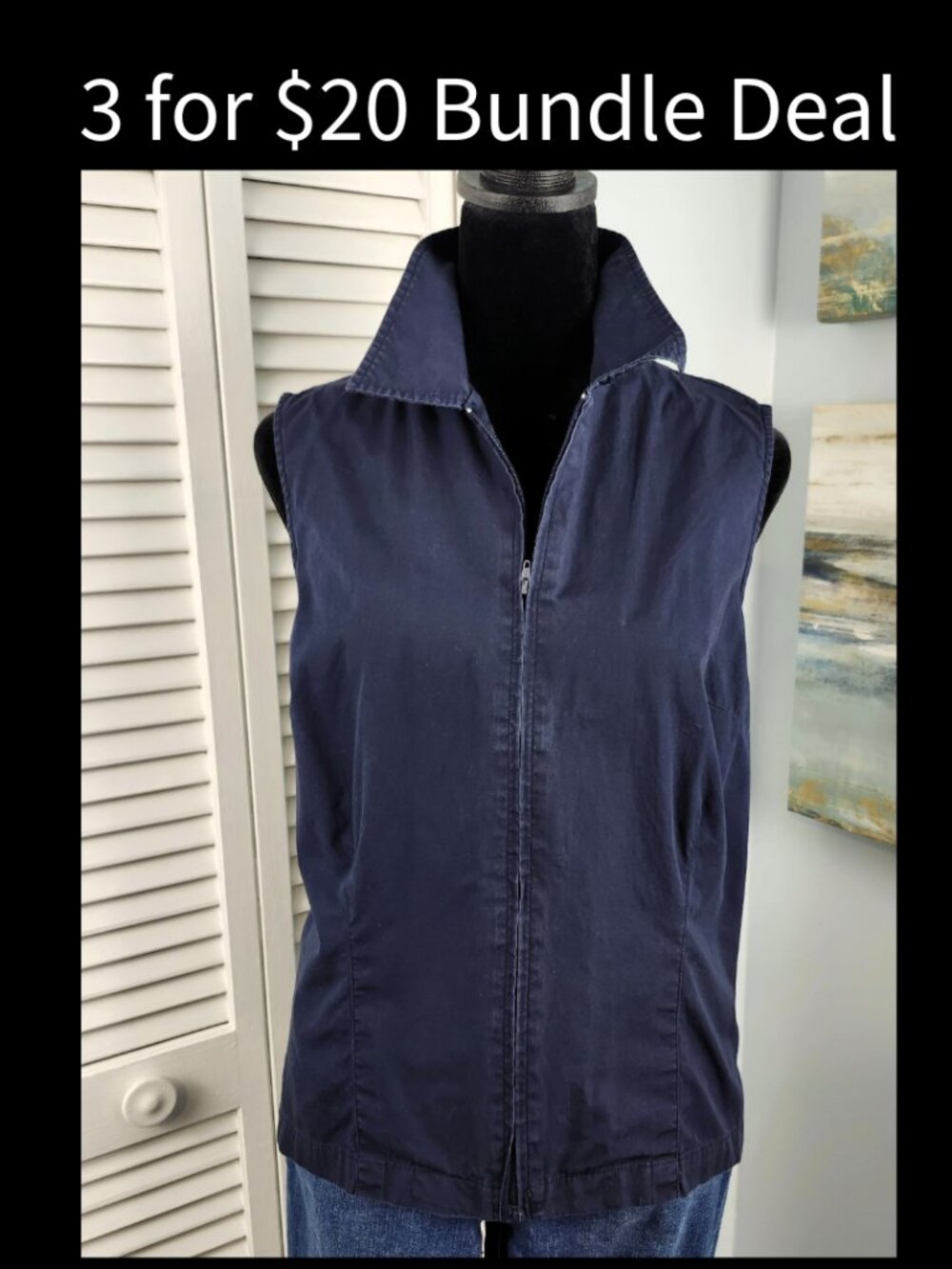 Y2K Cherokee Navy Blue Zip Top sz M Collared Sleeveless 100% cotton